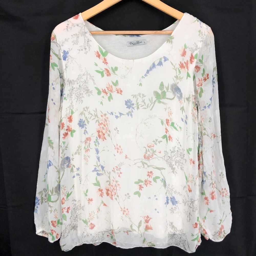 Elena Baldi Womens Silk Blouse Size Large White Floral‎ Lined Elegant Flowy